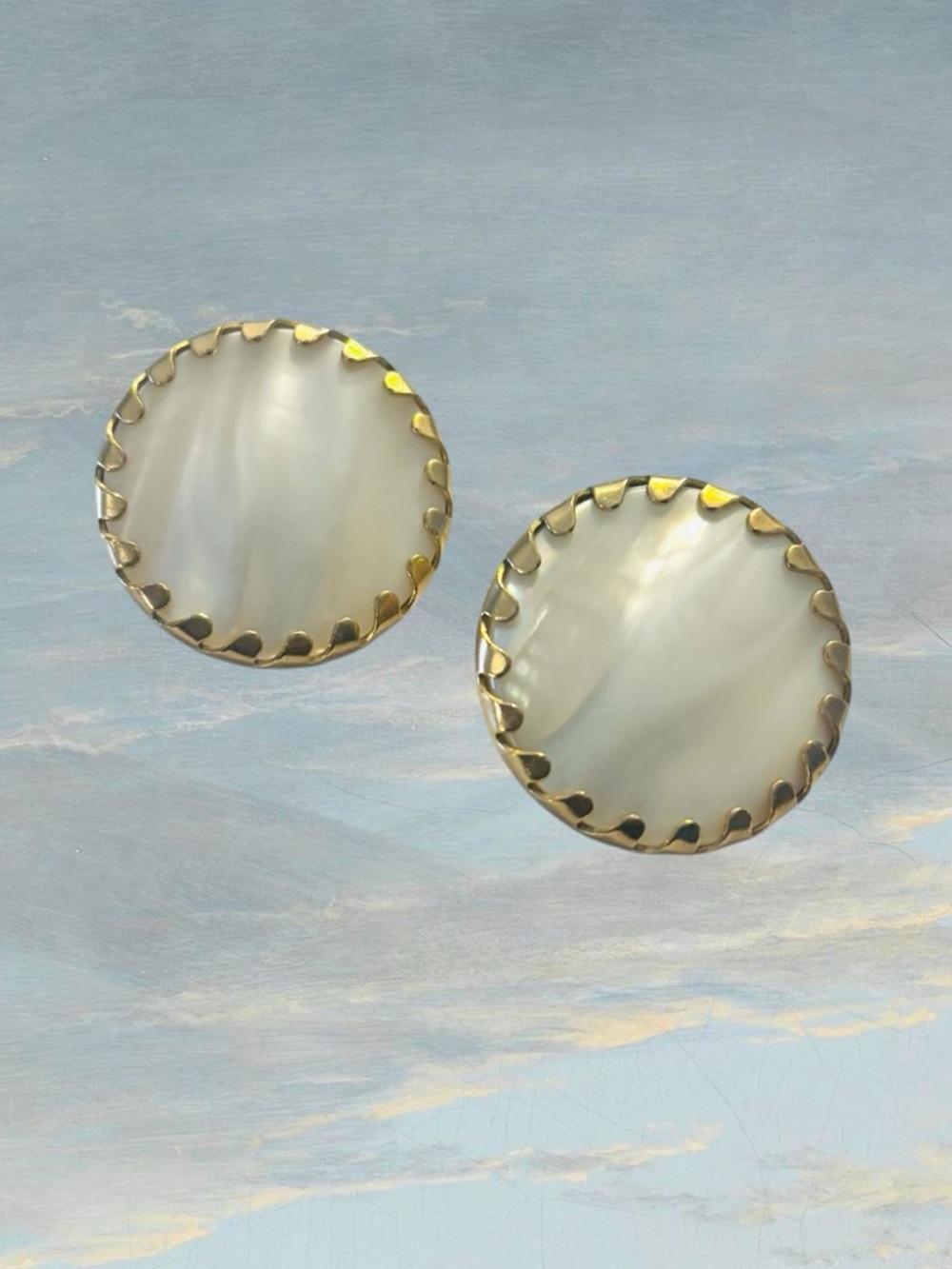 Round Mother-of-Pearl Stone with Gold-Trim Clip-on Earrings
